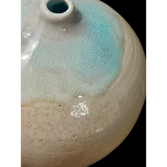 Signed Studio Pottery Bud Vase-Crackle Celadon Drip Glaze Stoneware-Modern-Boho - Picture 4 of 8